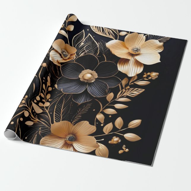 Golden Petals: Blommigt på Black Presentpapper (Utrullad)