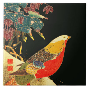 Golden Pheasant i Snö Antique Japans Blommigt Kakelplatta