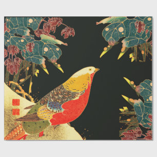 Golden Pheasant i Snö Antique Japans Blommigt Presentpapper