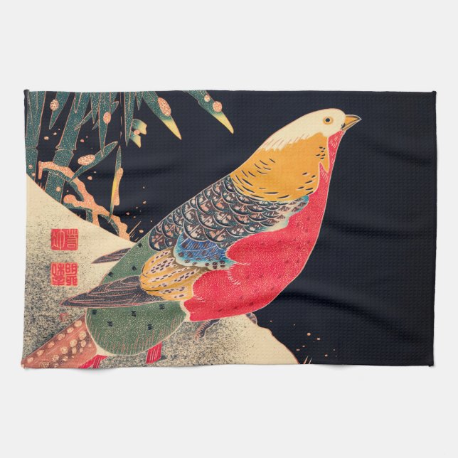 Golden Pheasant Vintage Bird Japp Woodblock Pr Kökshandduk (Horisontell)
