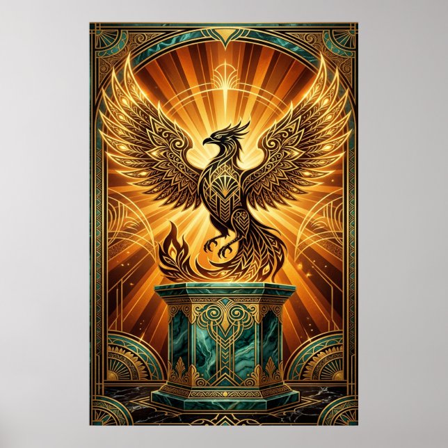 Golden Phoenix Rising Art Deco Illustration Poster (Framsidan)