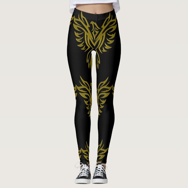 Golden Phoenix Stigning på Black Leggings (Framsida)