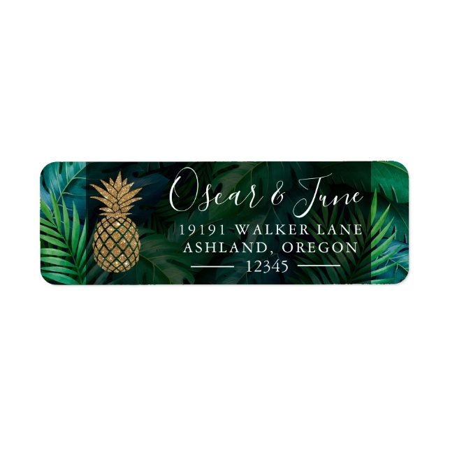 Golden Pineapple Sommar Tropical Löv Adress Returadress Etikett (Framsidan)