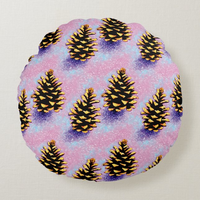 Golden Pinecones Round Pillow Rund Kudde (Framsidan)