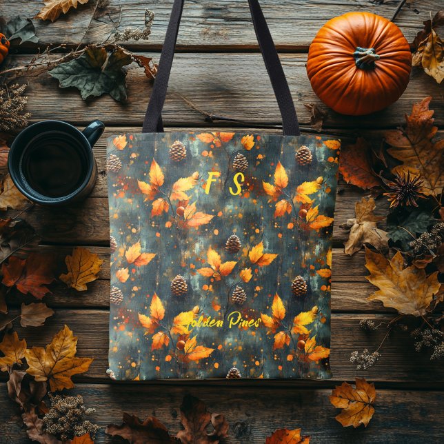 Golden Pines-taska med höstlöv och kottar Tygkasse (Skapare uppladdad)