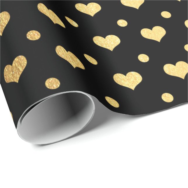 Golden Polka dots Hearts Confetti Black Metallic Presentpapper (Rullad Hörn)