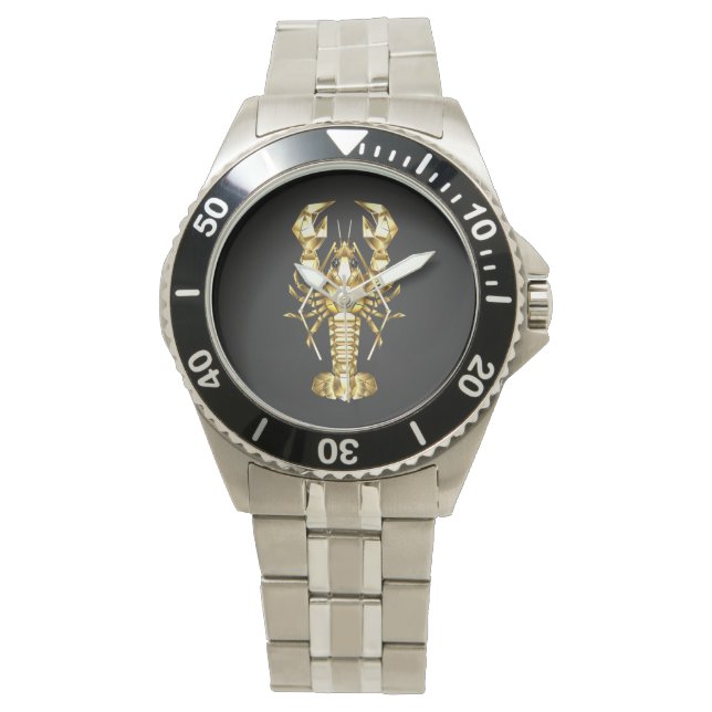 Golden polygonlobster kräftor på svart armbandsur (Framsida)