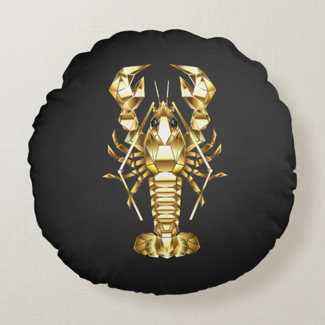 Golden polygonlobster kräftor på svart rund kudde (Framsidan)