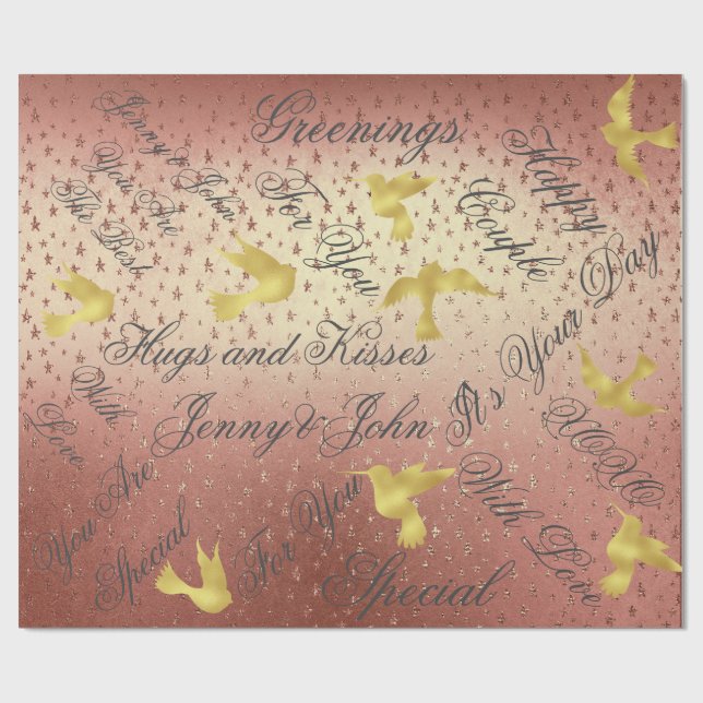 Golden Powder Peach Bröllop Birds Presentpapper (Platt)
