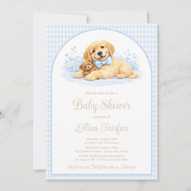 Golden Puppy Baby Shower Invitation for Boy – Blue Inbjudningar (Framsida)