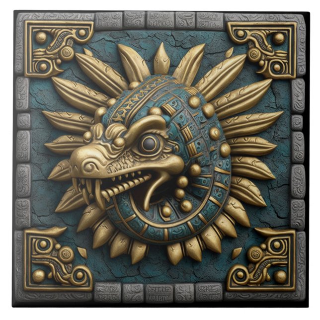 Golden Quetzalcoatl på Mayan Temple Tile Kakelplatta (Framsidan)