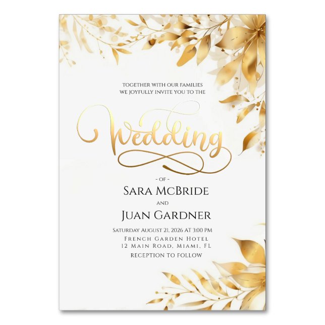 Golden Radiance Botanical Wedding Invitation Card Bordsnummer (Framsidan)