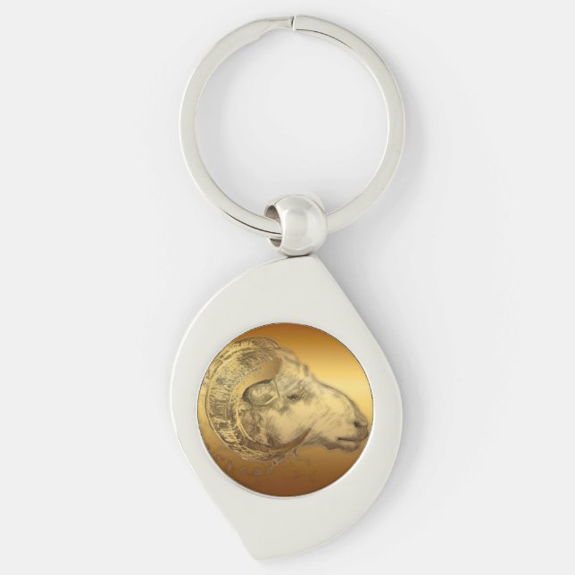 Golden Ram kinesiskt år Zodiac Aries Keychain Swirl Silverfärgad Nyckelring (Framsidan)