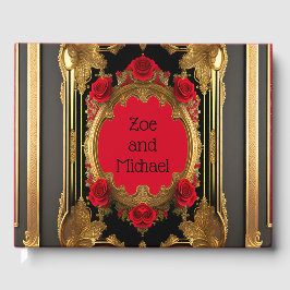 Golden ram med röd ros, gotskt foto bröllop gästböcker