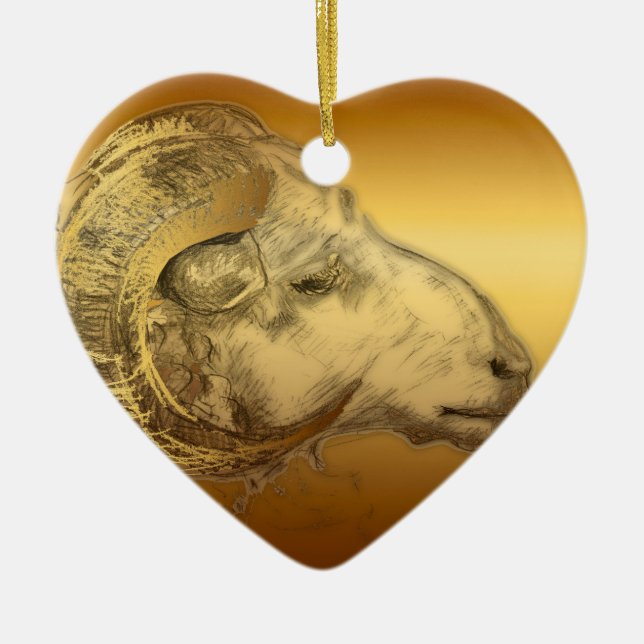 Golden Ram Year Chinese Zodiac Aries Heart O Julgransprydnad Keramik (Framsidan)