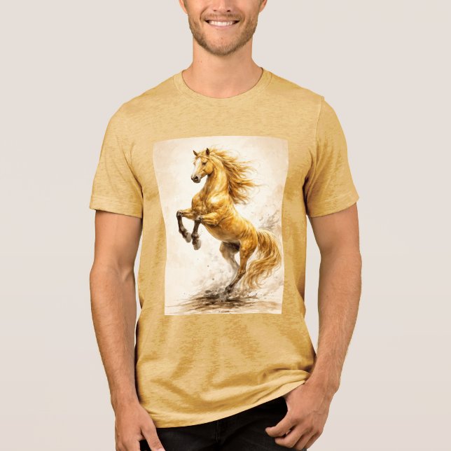 Golden Rearing Horse – Cinematic Ink Painting T Shirt (Framsida)