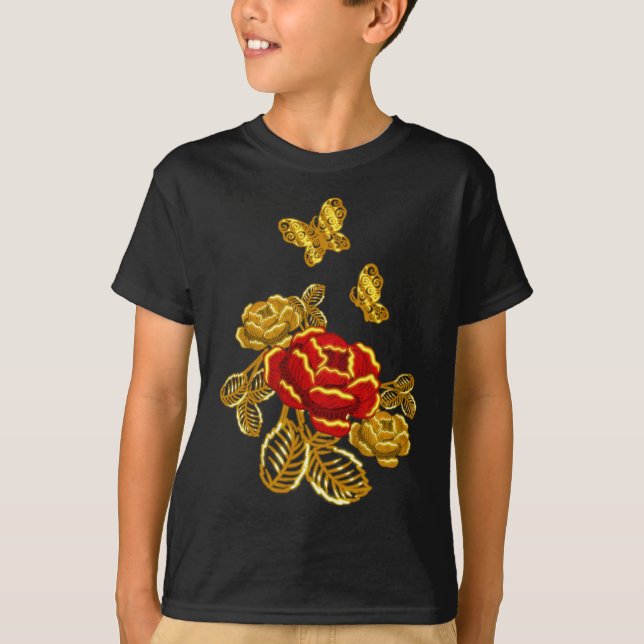 Golden Red Butterfly Flower Plant Florist Gift T Shirt (Framsida)