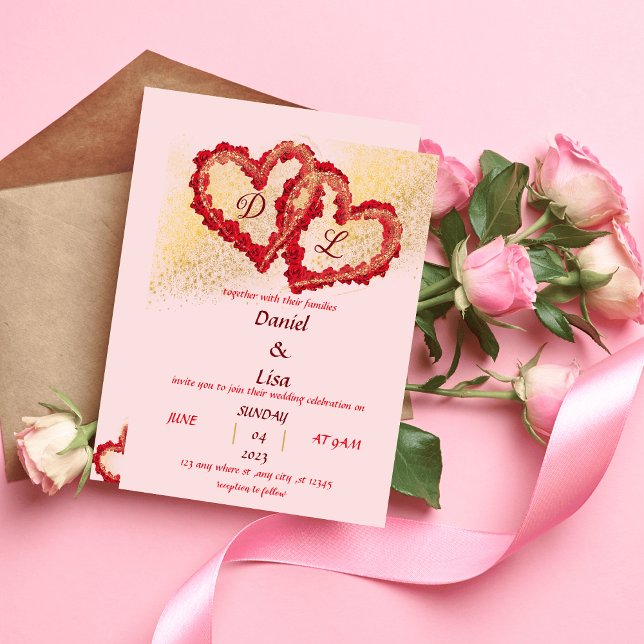 Golden red hearts wedding invitation inbjudningar (Skapare uppladdad)