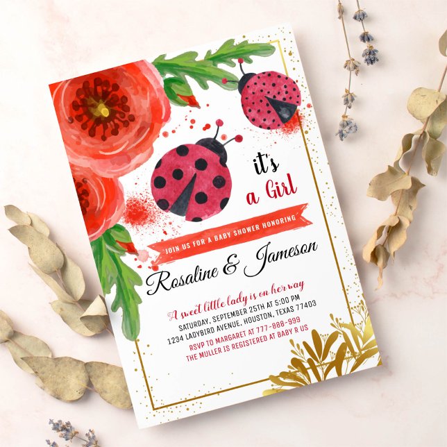 Golden Red Ladybug Watercolor Par Baby Shower Inbjudningar (Skapare uppladdad)