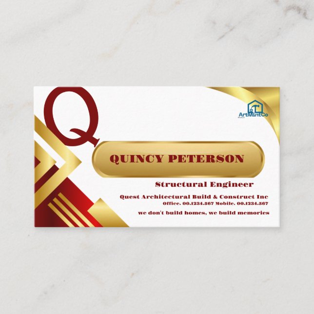 Golden & Red Layers Monogram Initial Founder CEO Visitkort (Framsida)