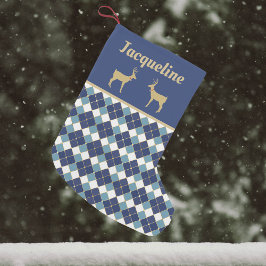 Golden Reindeer och Blue Argyle Mönster Helgdag Liten Julstrumpa
