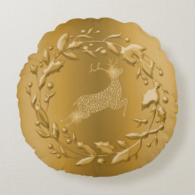 Golden Reindeer och Wandeine Guld jul Rund Kudde (Framsidan)