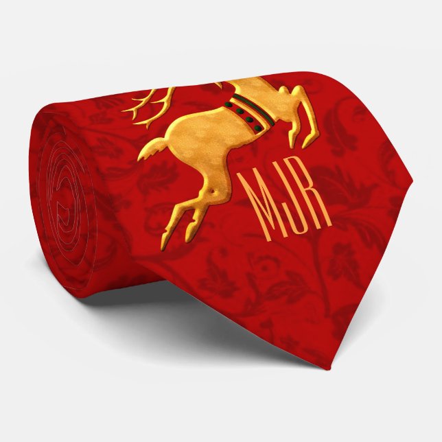 Golden Reindeer på Red Damask med Monogram Slips (Rullad)