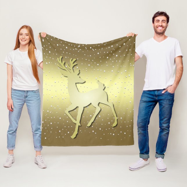 Golden Reindeer Snowy Fleece Blanket (På plats)