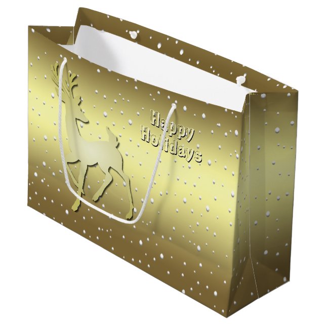 Golden Reindeer Snowy Holiday Gift Bag (Framsidan Vinklad)