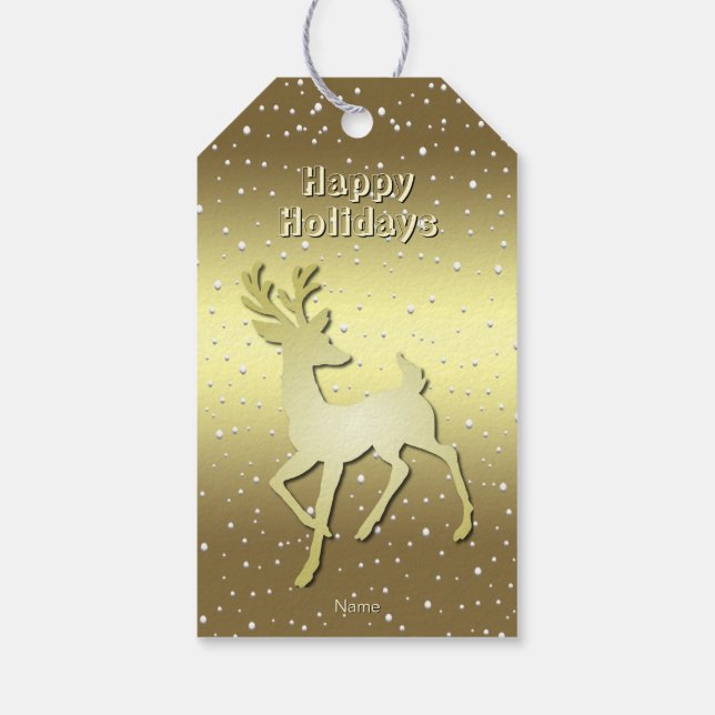 Golden Reindeer Snowy Holiday Gift Tag Presentetikett (Baksidan)