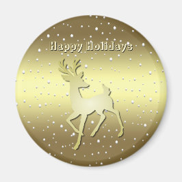 Golden Reindeer Snowy Holiday Magnet