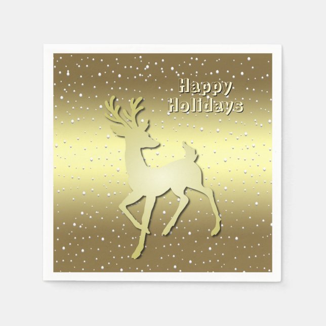 Golden Reindeer Snowy Holiday Napkin Pappersservett (Framsidan)
