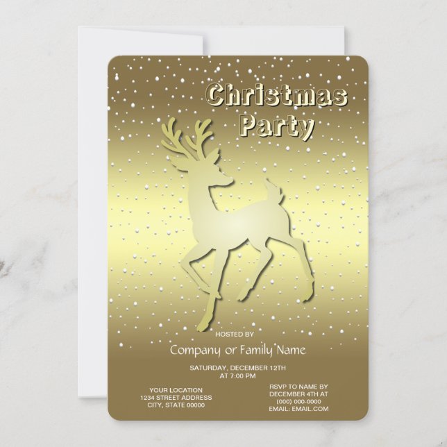 Golden Reindeer Snowy Holiday Party Invitation Inbjudningar (Framsida)