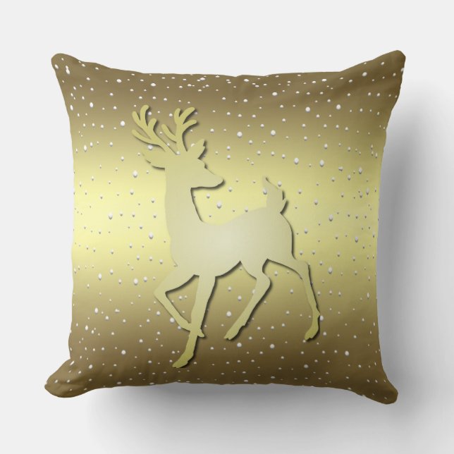 Golden Reindeer Snowy Holiday Throw Pillow Kudde (Framsida)