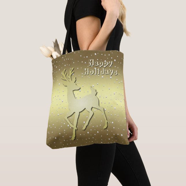 Golden Reindeer Snowy Holiday Tote Bag Tygkasse (Närbild)
