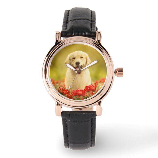 Golden Retirever i Red Flowers Armbandsur (Framsida)