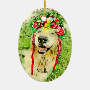 Golden Retricher-Hund med blommiga Krona-vattenfär Julgransprydnad Keramik