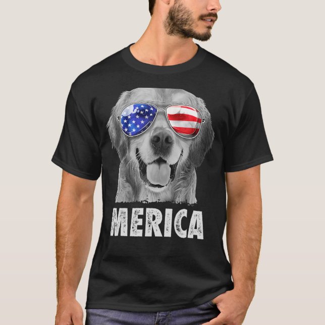 Golden Retriever 4:e juli Merica American Flagga T Shirt (Framsida)