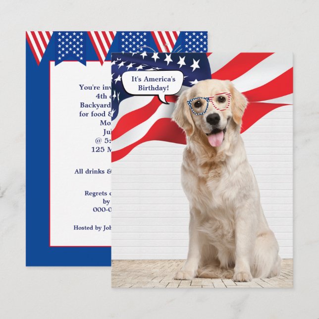 Golden Retriever 4:e juli Party Inbjudningar (Fram/baksida)