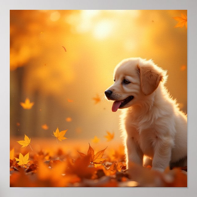 Golden Retriever 8K Puppy in Autumn Maple Leaves Poster (Framsidan)