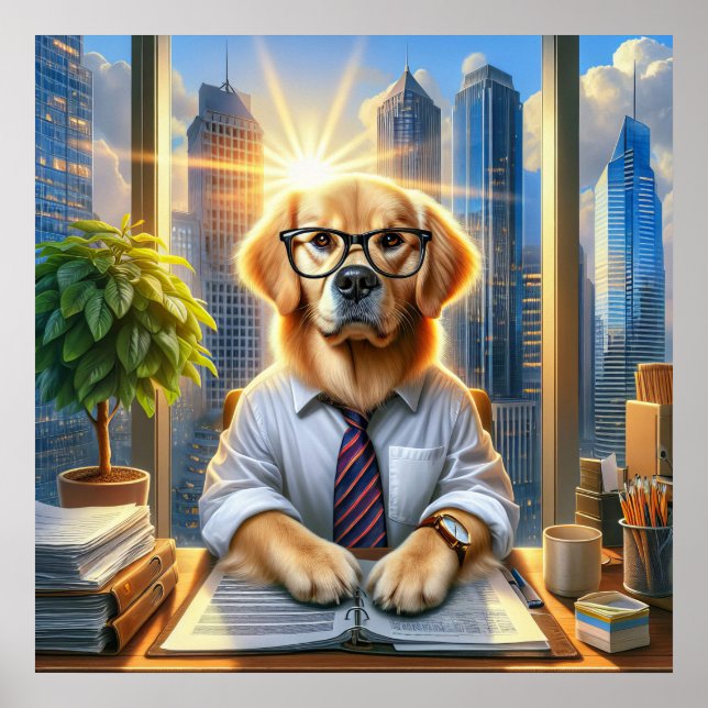 Golden Retriever Affärsman På Kontor Poster (Framsidan)