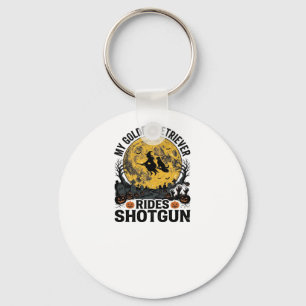 Golden Retriever åker shotgun Halloween-häxa konst Nyckelring