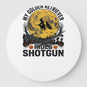 Golden Retriever åker shotgun Halloween-häxa konst Stor Klocka