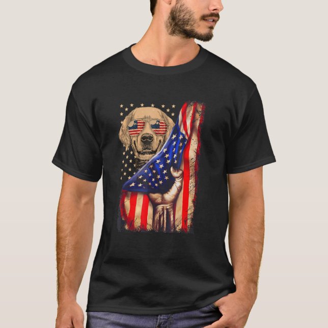 Golden Retriever American Flagga Hund 4 juli T Shirt (Framsida)