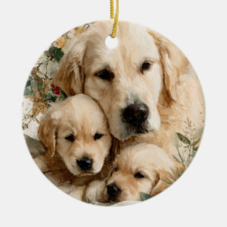 Golden Retriever and Puppies Vintage Christmas Julgransprydnad Keramik