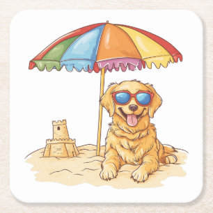 Golden Retriever Beach Hund Underlägg Papper Kvadrat