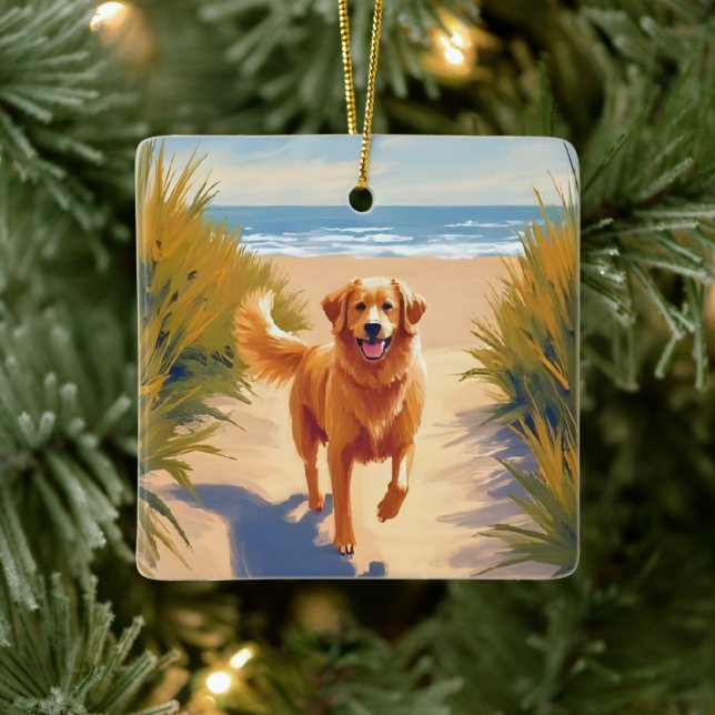 Golden Retriever Beach Path | Ocean Dog Pet Julgransprydnad Keramik (Träd)