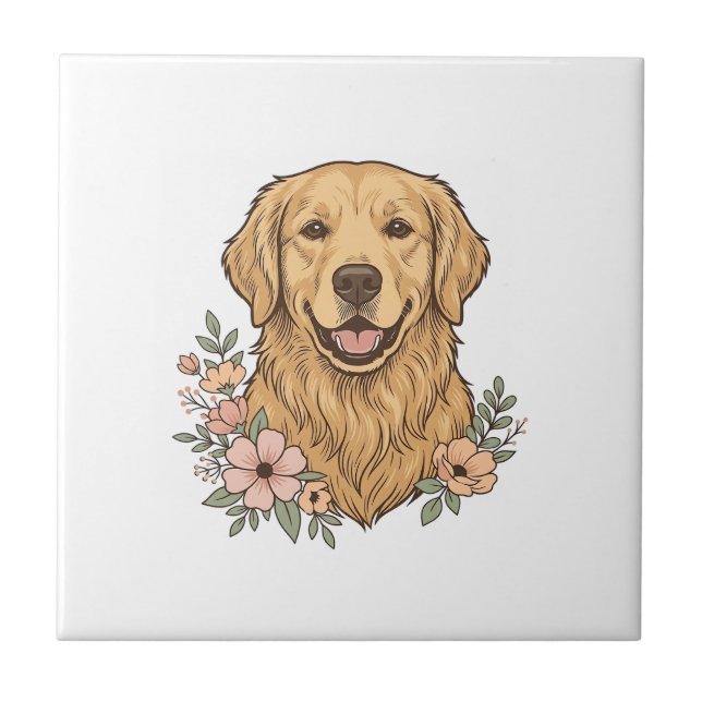Golden Retriever Blommig Vintage Gravyr Design_1 Kakelplatta (Framsidan)