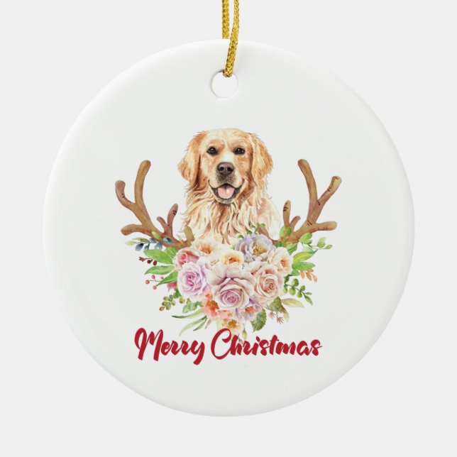 Golden Retriever Blommigt God jul Julgransprydnad Keramik (Framsidan)