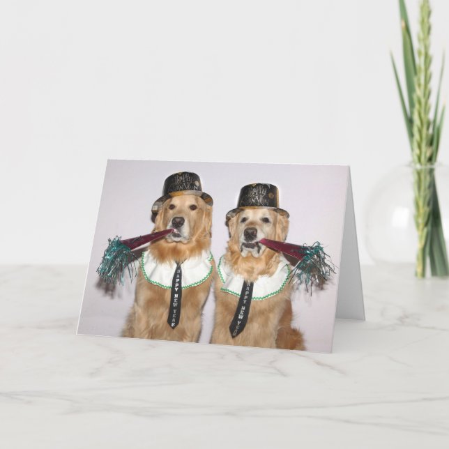 Golden Retriever Blowing New Year's Horns Kort (Framsida)